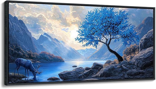 HKDGOKA Landscape Canvas Wall Art, Large Blue Gray Mountain Lake Tree Eagles Deer Framed Paintings Artwork Modern Wall Picture for Living Room Bedroom Kitchen Farmhouse Decor 24x48 IN
