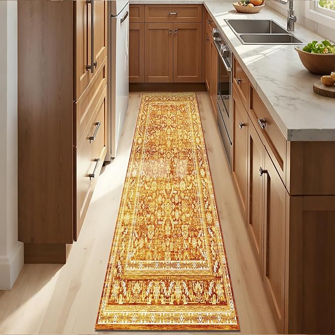 OPPODREAM Thin Vintage Orange 2x10 Runner Rug, 2 x 10 Retro Washable Rug Non Slip, Low-Pile Faux Wool Carpet, Distressed Floor Mat for Kitchen, Hallway, Entry-Way, Entrance, Indoor Back Door