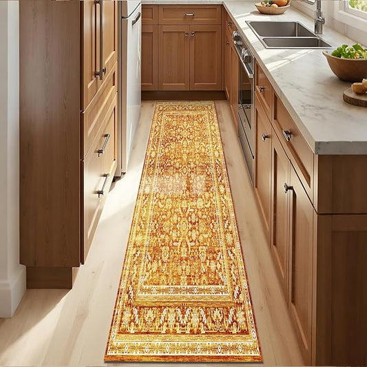 OPPODREAM Thin Vintage Orange 2x10 Runner Rug, 2 x 10 Retro Washable Rug Non Slip, Low-Pile Faux Wool Carpet, Distressed Floor Mat for Kitchen, Hallway, Entry-Way, Entrance, Indoor Back Door