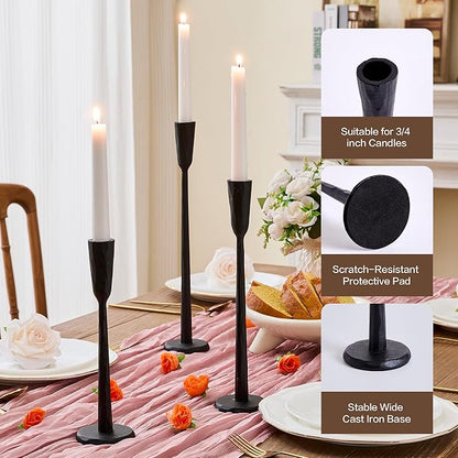 Cast Iron Taper Candle Holder Set of 3, Vintage Candlestick Holders Decorative Candle Stand, Tapered Candle Holders Tall Set for Wedding, Holiday, Home Decor, Christmas Decoration (Black)