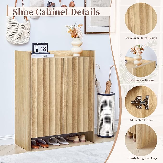 Fluted Shoe Cabinet, 5-Tier Shoe Storage Cabinet with Doors,Freestanding Hidden Shoe Cabinet Organizer, Narrow Shoes Storage Rack for Entryway (Natural)