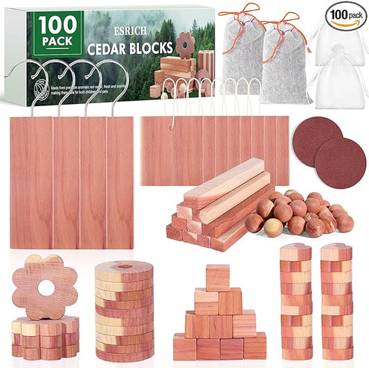 ESRICH Cedar Blocks for Clothes Storage 100PCS,Cedars Planks with Metal Hooks, Cedar Wood Chips Cedars Rings and Balls for Closets and Drawers