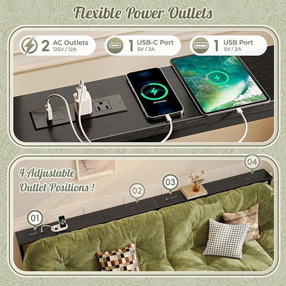Huuger 110.2 Inch Sofa Table with Power Outlets, 23.9’’-34.4’’ Height Adjustable Range, Behind Couch Table with USB-C Ports, Sofa Tables Narrow Long, Skinny Console Table, for Small Spaces, Black