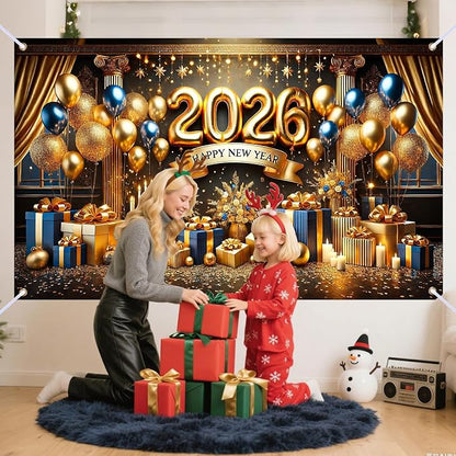 Nuxovilar Happy New Year Banner, 2026 Golden Chandeliers Backdrop for Party Decorations, 71x43 Inch