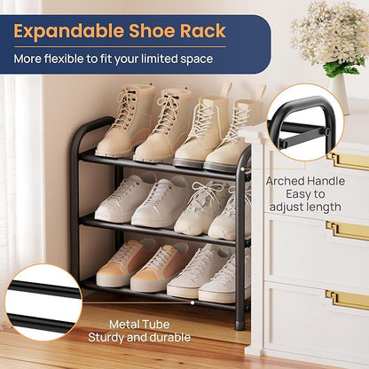 ENJOYBASICS Expandable Shoe Rack, 3 Tier Adjustable Shoe Organizer Shelf for Closet, Black Metal Free Standing Shoe Rack Storage for Small Space, Entryway