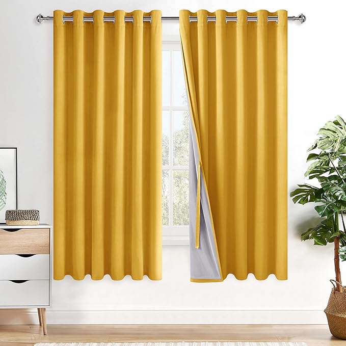 XWZO Total Blackout Window Curtains - Large Thermal Insulated & Noise Reduction Black Liner Ring Top Window Treatment Sewn with Tiebacks for Bedroom/Living Room, Yellow, W70 x L63, Set of 2