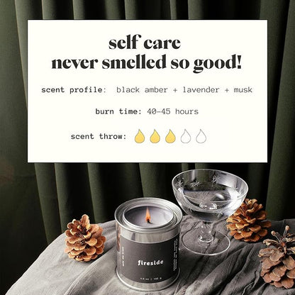 Mala Fireside - Black Amber, Musk and Lavender Candle - Vegan Soy Hand Poured Aromatherapy Candle with 45 Hour Burn - Classic 6.8 oz Size