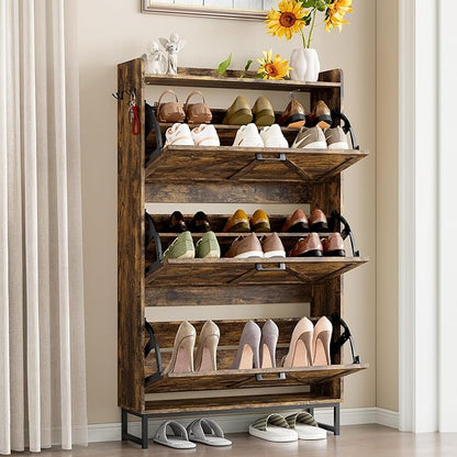 Shoe Cabinet with 3 Flip Drawers Narrow Shoe Storage Cabinet Organizer Wooden Freestanding Shoe Rack Hidden Slim Shoes Storage Cabinet for Entryway, Hallway, Living Room, Bedroom