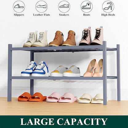 Smiry Shoe Rack, 2 Tier Thick Bamboo Shoe Organizer, Stackable Free Standing Wooden Shoe Storage Shelf for Closet, Entryway, Front Door Entrance, Grey