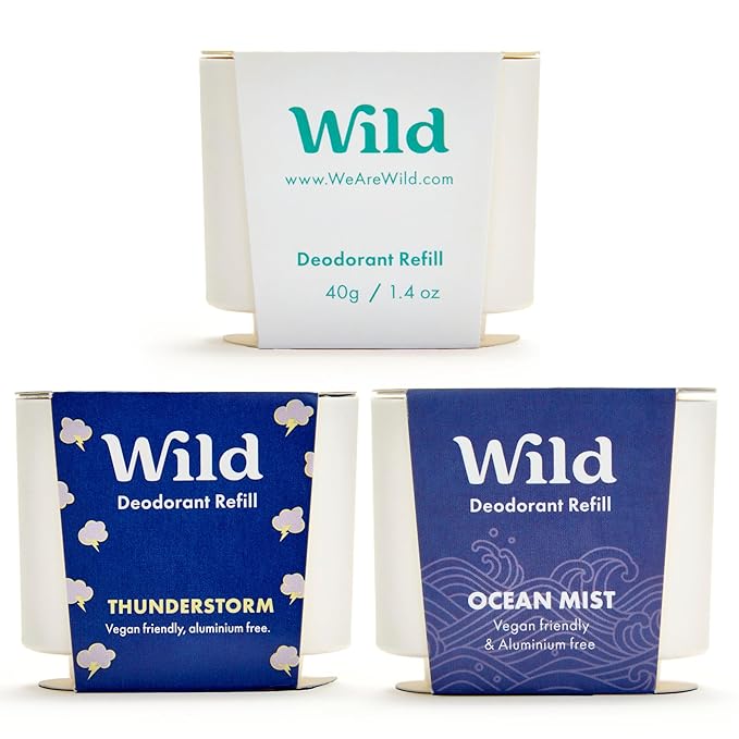 Wild - Refillable Deodorant Variety Pack with Clean Fresh Scents - Aluminum Free - Scents Include Fresh Cotton & Sea Salt, Ocean Mist & Thunderstorm - Long Lasting Protection