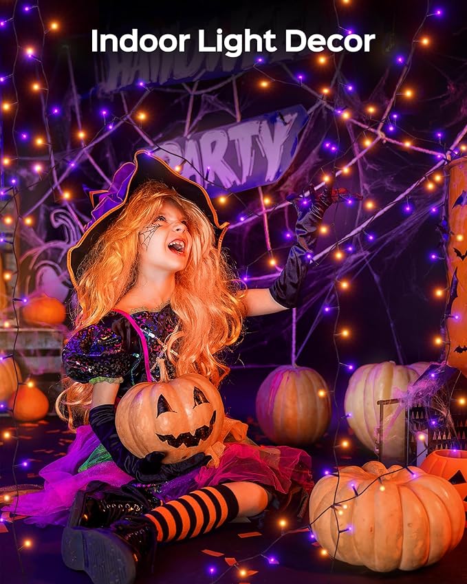 JACKYLED 300LED Purple & Orange Halloween Lights, 109FT Outdoor String Lights Connectable, Memory Function, 8 Modes Indoor Halloween Decorations for Party Carnival Supplies, Outdoor Yard Garden Decor