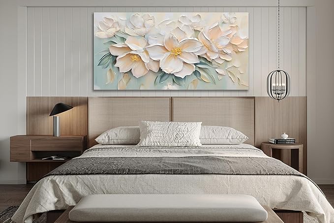 Anolyfi White Textured Flowers Canvas Wall Art for Living Room, Modern Aesthetic Sage Florals Painting Wall Decor for Christmas Gift Hallway Bedroom Dining Room Office Home Decor 40"x20"
