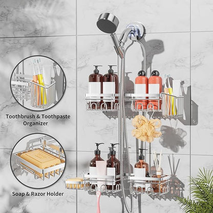Shower Caddy Hanging with Door Hook - Split Design for Handheld Showerheads, Rustproof Over The Showerheads Bathroom Organizer with Hooks Soap and Toothbrush Holder, Bathroom Accessories Silver