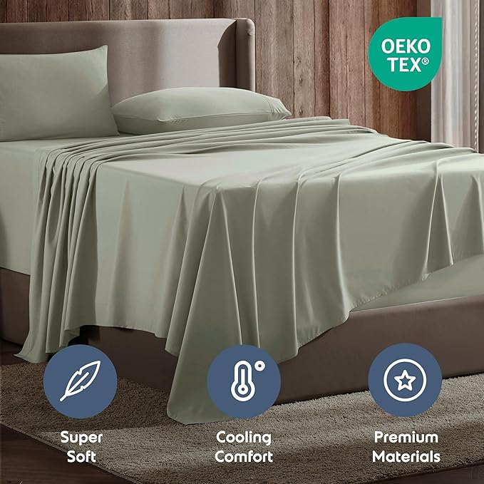 Nestl Split King Sheet Set - 1800 Ultra-Soft Microfiber Bed Sheets - Double Brushed - Deep Pockets - Easy Fit - 5 Piece Set - Bed Sheets & Pillowcases (Split King Size, Light Green)