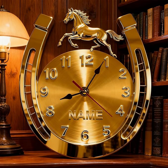 Personalized Horseshoe Name Wall Clock for Horse Lovers 2D Acrylic Printing Custom Name Clock Decorative Wall Clocks Suitable for Reception Rooms Conference Rooms Offices (Golden Horseshoe)