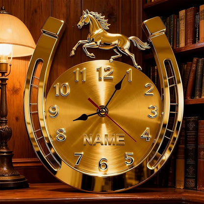 Personalized Horseshoe Name Wall Clock for Horse Lovers 2D Acrylic Printing Custom Name Clock Decorative Wall Clocks Suitable for Reception Rooms Conference Rooms Offices (Golden Horseshoe)