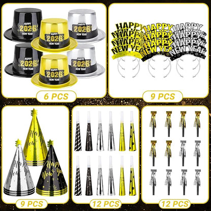 48PCS New Year's Eve Party Supplies for 24 Guests - Happy New Year Headband, Gold Black Party Favors, Cone Hats, Horns, Blowouts - Accessories in Plastic Cardboard