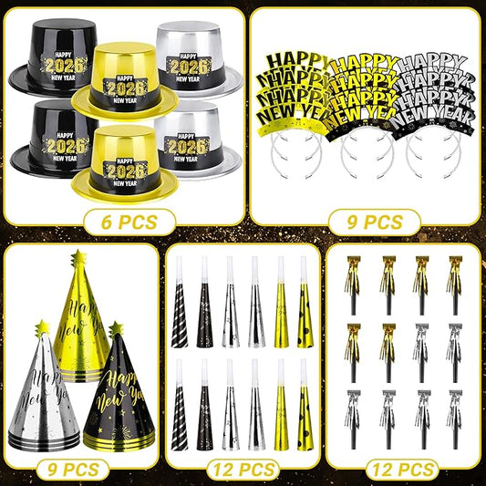 48PCS New Year's Eve Party Supplies for 24 Guests - Happy New Year Headband, Gold Black Party Favors, Cone Hats, Horns, Blowouts - Accessories in Plastic Cardboard