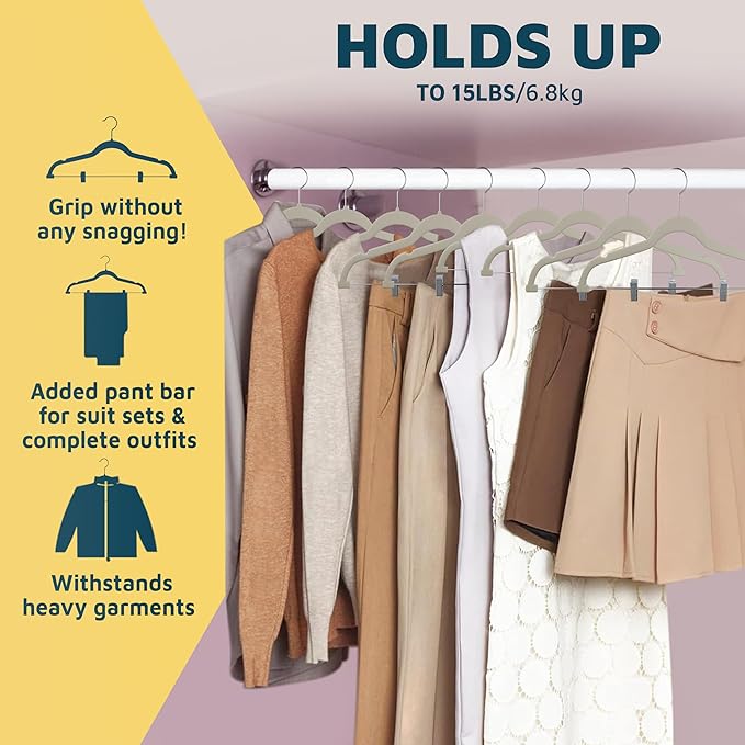 Velvet Skirt Hangers – with Adjustable Clips, 360 Degree Swivel Hook, and Non-Slip Shoulder Notch, Holds Up to 10 lbs, for Organizing Skirt, Pants, Dress, and Clothes, Pack of 10, Ivory