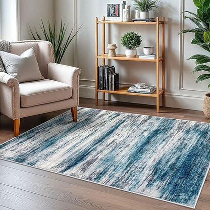 KOZYFLY 3x5 Area Rug Modern Ombre Rug for Bedroom, Washable Rug Non-Slip Soft Striped Living Room Area Rug, Print Blue Abstract Carpet for Laundry Nursery