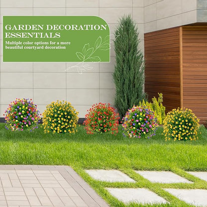 23" Artificial Topiary Boxwood Ball Trees with Ground Spike, Set of 2, UV Resistant Fake Bushes Plants with Camellia Flowers, Faux Cedar Balls Shrubs for Outdoor Indoor Front Porch Garden Decor