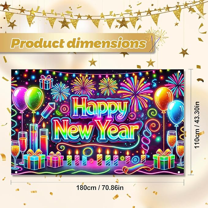 Happy New Year Backdrop 71x43 Inch Neon Style Party Banner Colorful Fireworks Balloons Candles Gift Box Design Large New Year Eve Photo Booth Background Wall Decor