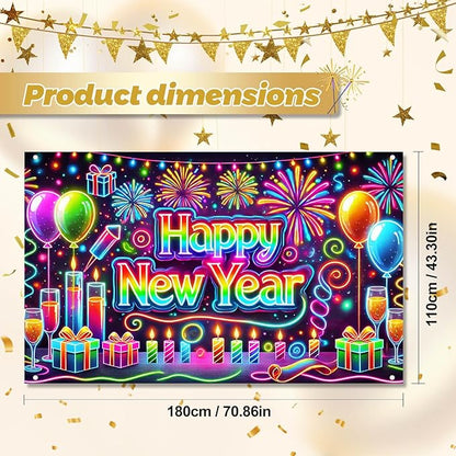 Happy New Year Backdrop 71x43 Inch Neon Style Party Banner Colorful Fireworks Balloons Candles Gift Box Design Large New Year Eve Photo Booth Background Wall Decor