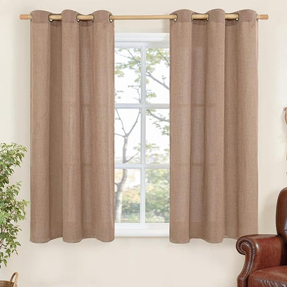 YoungsTex Linen Curtains 45 Inches Length for Short Window, Mocha Light Filtering Drapes Semi Sheer with Bronze Grommet for Kitchen Bathroom Windows, 2 Panels, 42 X 45 Inch