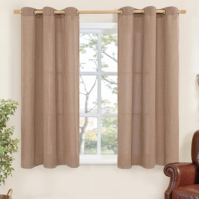 YoungsTex Mocha Linen Curtains 48 Inches Length for Living Room Window, Short Light Filtering Drapes with Bronze Grommet Fall Decor for Kitchen Bathroom Window, 2 Panels, 42 X 48 Inch