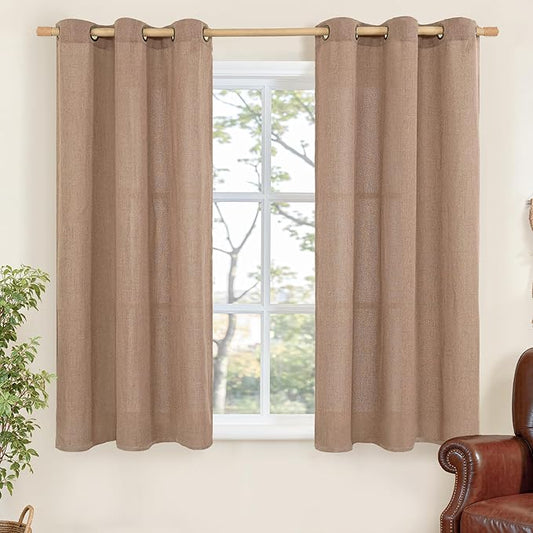 YoungsTex Mocha Linen Curtains 48 Inches Length for Living Room Window, Short Light Filtering Drapes with Bronze Grommet Fall Decor for Kitchen Bathroom Window, 2 Panels, 42 X 48 Inch