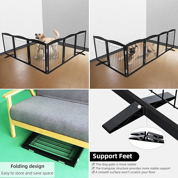ZJSF Freestanding Dog Fence Indoor, Foldable Dog Gate for Doorways, Stairs or Hallways, Sturdy Wood Extra Wide Pet Gate with Support Feet for The House, Black, 24 "Height-6 Panels