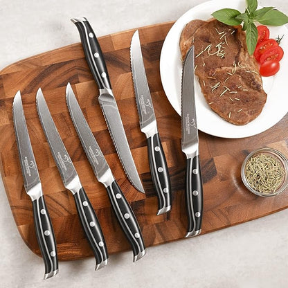 16-Piece Damascus Knife Set with Block - VG10 67-Layer Steel, Razor Sharp, Triple-Rivet Handles, 6 Steak Knives, Meat Fork, Sharpener & Scissors, Gray
