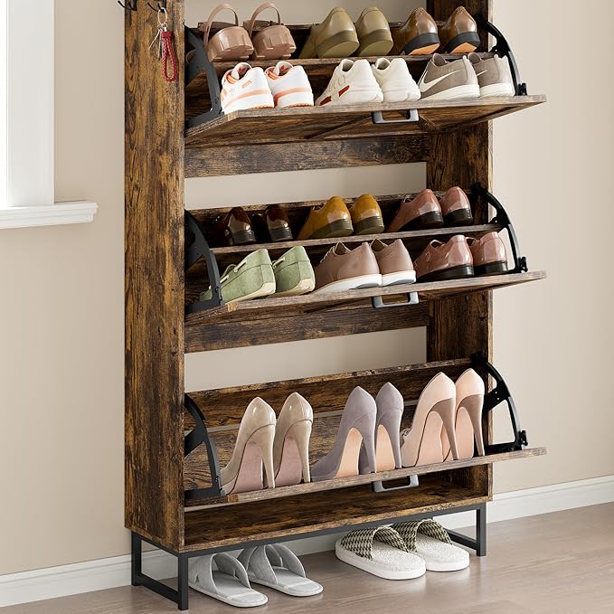 Shoe Cabinet with 3 Flip Drawers Narrow Shoe Storage Cabinet Organizer Wooden Freestanding Shoe Rack Hidden Slim Shoes Storage Cabinet for Entryway, Hallway, Living Room, Bedroom