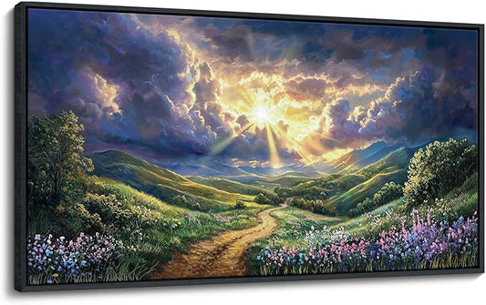 HKDGOKA Large Landscape Wall Art, Green Mountains Purple Clouds Flower Scenery Canvas Pictures Paintings Framed Artwork for Living Room Bedroom Office Kitchen Home Wall Decor 29x58 IN