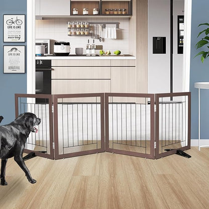 ZJSF Freestanding Dog Gate Indoor, Foldable Dog Fence for Doorways,Hallways or Stairs, Sturdy Wood Extra Wide Pet Gate with Support Feet,Brown,24 "Height-4 Panels