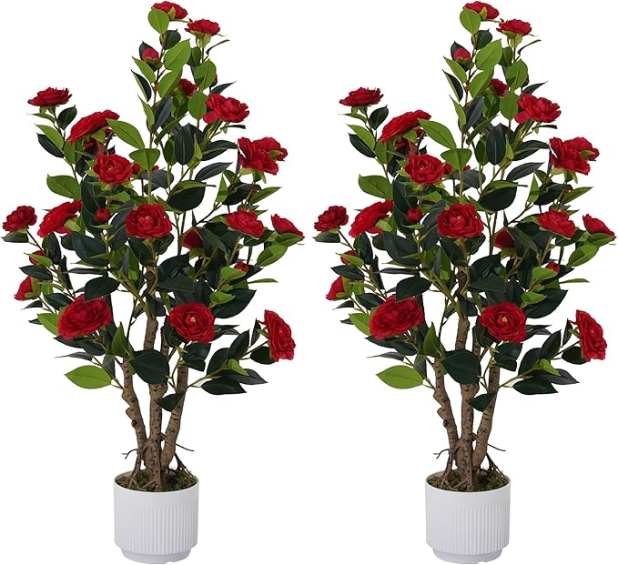 2 Pack Artificial Camellia Tree with White Pot, 38" Faux Potted Plants for Indoor Outdoor Decor, Tall Silk Greenery Plant for Home Office Living Room Balcony, Red