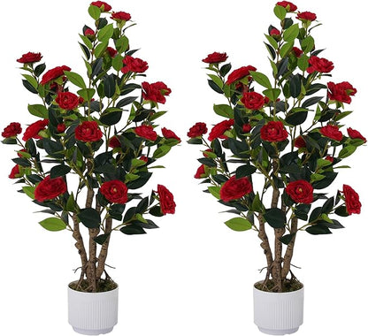 2 Pack Artificial Camellia Tree with White Pot, 38" Faux Potted Plants for Indoor Outdoor Decor, Tall Silk Greenery Plant for Home Office Living Room Balcony, Red