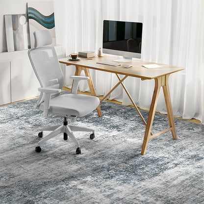 Modern Abstract Washable Area Rug - 5x7 Large Living Room Rugs Soft Stain Resistant Non-Slip Low Pile Foldable Neutral Carpet for Indoor Bedroom Dining Room Home Studio Office - Blue/Grey
