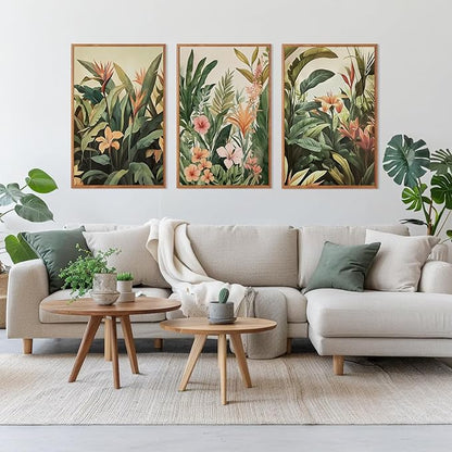 HLNIUC Boho Tropical Leaves Framed Canvas Wall Art,Abstract Flower Wall Decor Set of 3(24”x36”)Modern Green Plant Banana Leaf Art Print,Tropical Botanical Jungle Painting for Living Room Bedroom Office