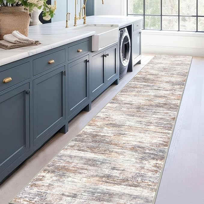KOZYFLY Modern Abstract Washable Rug Runner 2.6x14 Hallway Rug Runner Non-Slip Soft Kitchen Runner Rugs, Multi Grey Striped Carpet for Entryway Bathroom Laundry Room Foyer