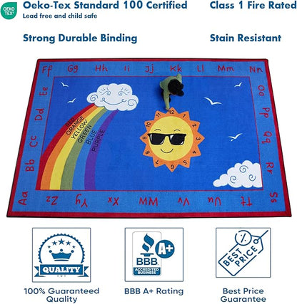 Shine Bright Learning Rainbow Rug 7'6" x 12' Rectangle for School or Classroom | Kids Learning Numbers, Colors & Alphabets | Playroom Area Rug