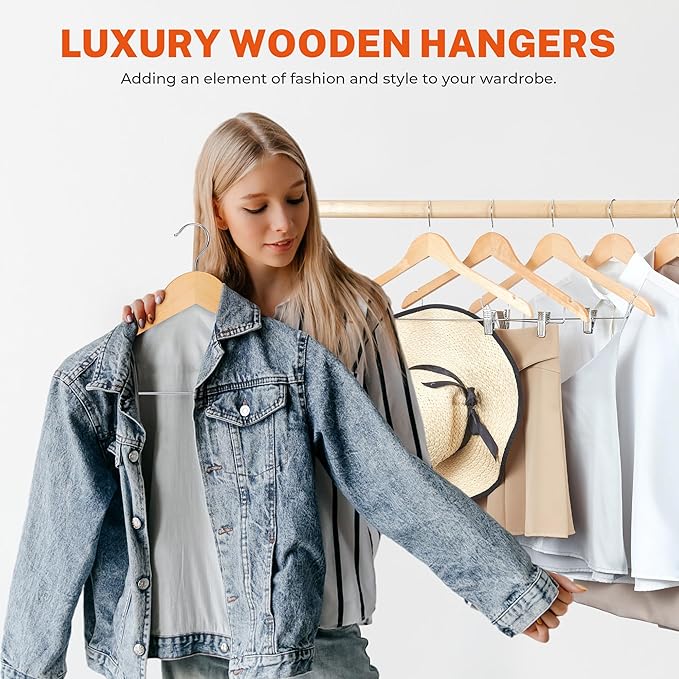 HOUSE DAY Wooden Hangers with Clips 24 Pack,Wooden Suit Hangers Skirt Hangers Solid Wood Pants Hangers Natural Smooth Finish Wood Hangers with Durable Metal Clips for Blouse, Dress, Coat, Jacket