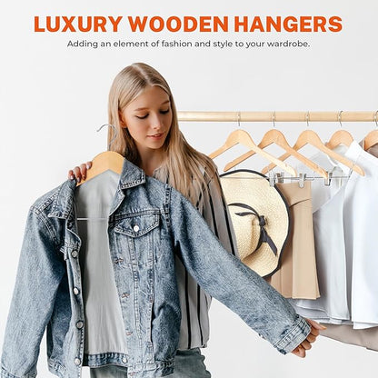 HOUSE DAY Wooden Hangers with Clips 24 Pack,Wooden Suit Hangers Skirt Hangers Solid Wood Pants Hangers Natural Smooth Finish Wood Hangers with Durable Metal Clips for Blouse, Dress, Coat, Jacket