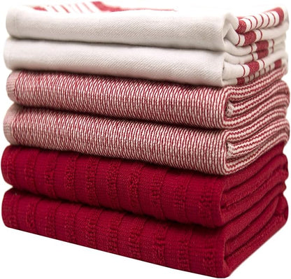 Premium Kitchen Towels (20”x 28”, 6 Pack) | Large Cotton Dish Towels | Flat & Terry Highly Absorbent Kitchen Linen Set with Hanging Loop | Red Striped
