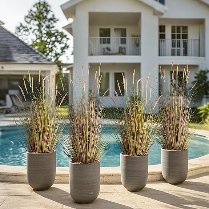 KOL 4ft 2-Pack Artificial Cattail Reed Grass, 47.2’’ Artificial Indoor Outdoor Fake Onion Grass Floor Plant, Home Office Wedding Decorative Potted Plants, Housewarming Gift, Pink
