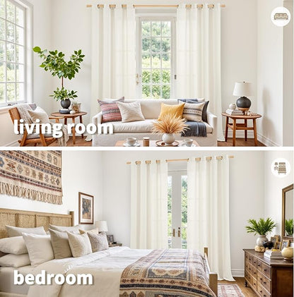 YoungsTex 95 Inch Length Ivory Linen Curtains Living Room, Semi Sheer Drapes Light Filtering with Bronze Grommet Privacy for Bedroom Farmhouse Window Decorative, 52 x 95 Inch, 2 Panels