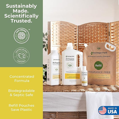 Heritage Park Luxury Laundry Detergent | Dermatologist Tested Plant based Natural & Enzyme Laundry Detergent | Sensitive Skin Friendly - Fragrance Free (4 fl oz Trial Size)