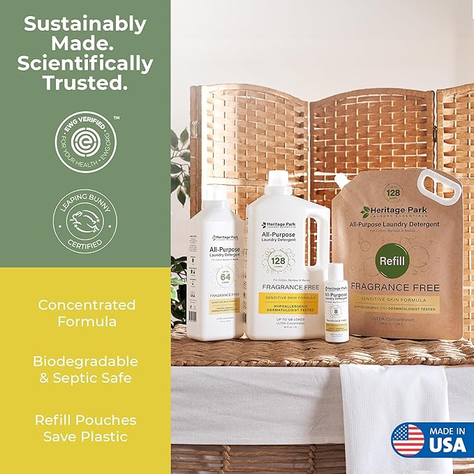 Heritage Park All-Purpose Fragrance Free, Hypoallergenic, pH-Neutral Laundry Detergent - Dermatologist-tested, Sensitive Skin-Friendly, Stain-Fighting Enzymes, 3x Concentrated (64 fl oz Refill Pouch)