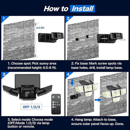 3000LM Solar Outdoor Lights - 2Packs 188 LED Security Lights with Remote Control, 4 Heads Motion Sensor Lights, IP65 Waterproof 270° Wide Angle Flood Wall Lights for Home Darkroom Backyard