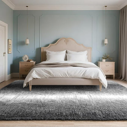 DweIke Luxury Fluffy Kids Rugs for Living Room Bedroom, 4x6 Feet Shaggy Grey and White Area Rug for Girls Boys, Upgrade Plush Non-Slip and Washable Colorful Fuzzy Carpet for Dorm Nursery Decor